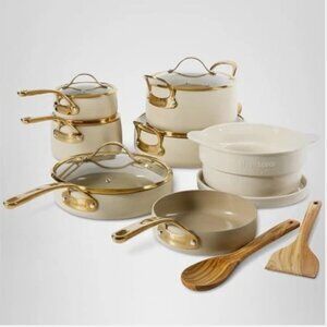 15-Pc Aluminum Ceramic Nonstick Cookware Set Almond Cream ( new with box)